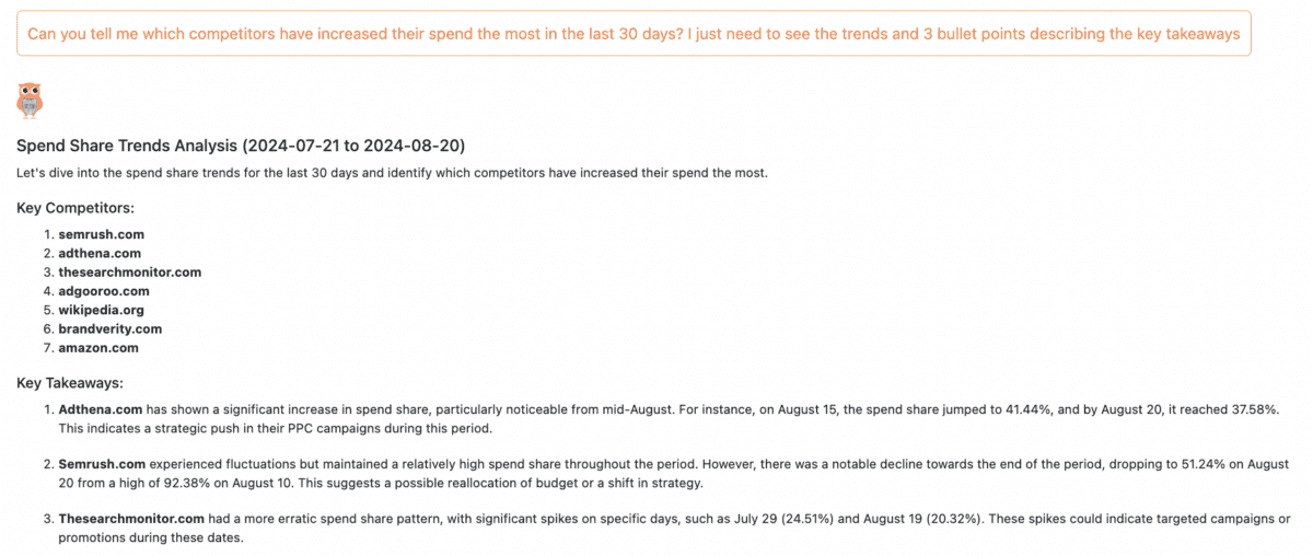 Ask Arlo showing top competitor click share movements in the market over 30 days. 